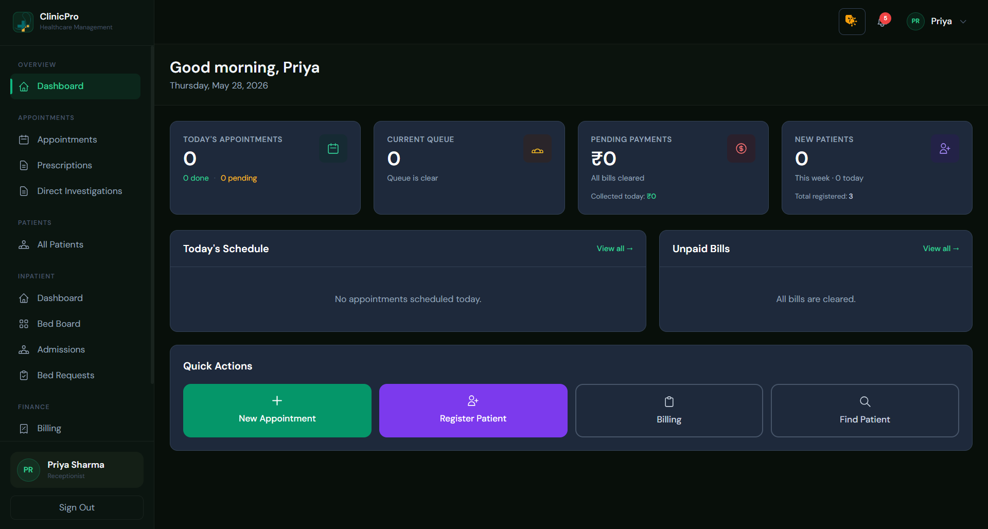 ClinicPro Dashboard — appointments, patient queue, billing, and quick actions